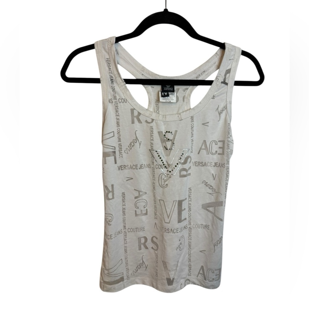 Versace Jeans Couture Y2K White Spellout Jeweled Tank